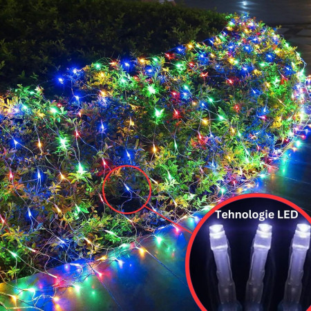 Instalatie Craciun Yoto, Tip Plasa, 2 m x 2 m, 160 LED-uri, Prelungitor 1.5 m, 8 Jocuri de Lumini, Interconectabila, Fir transparent, Interior/Exterior, Multicolor