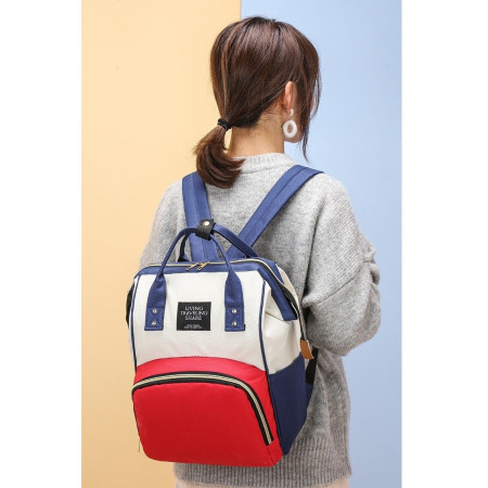 Rucsac Multifunctional pentru Mamici, Flippy, din Panza Oxford, Compartimentare Multipla, Impermeabil, 43 x 18 x 26 cm, Alb/Rosu/Albastru