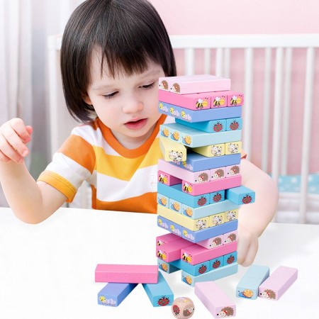 Joc de Societate, Flippy, pentru Copii, din Lemn, Interactiv, Distractiv, Jenga Stack High Blocks, cu Zar, 51 de Piese Animate, 24.5x18x5 cm, Multicolor