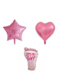 Set 3 Baloane din Folie Metalizata, Flippy, Figurine Picior 46x79 cm, Inima 45 cm, Stea 45cm, Model It's a Girl, Tema Gender Reveal, Ambalaj Individual, Pai Inclus, Umflare cu Aer sau Heliu, Roz