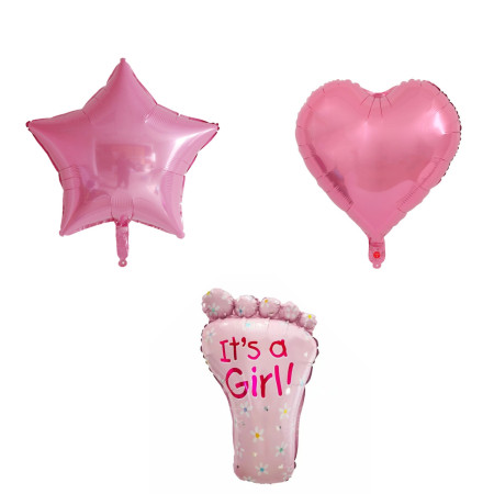 Set 3 Baloane din Folie Metalizata, Flippy, Figurine Picior 46x79 cm, Inima 45 cm, Stea 45cm, Model It's a Girl, Tema Gender Reveal, Ambalaj Individual, Pai Inclus, Umflare cu Aer sau Heliu, Roz