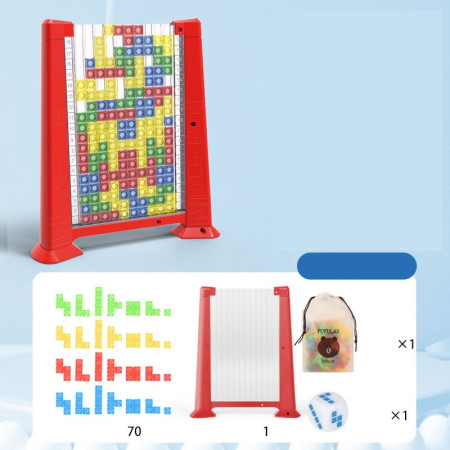 Joc de inteligenta Tetris puzzle tangram Flippy, 70 de piese multicolore, 3D, montessori, interactiv, din plastic, zar inclus, sac depozitare piese, varsta peste 6 ani, 23 x 19.8 x 5 cm, cadru rosu