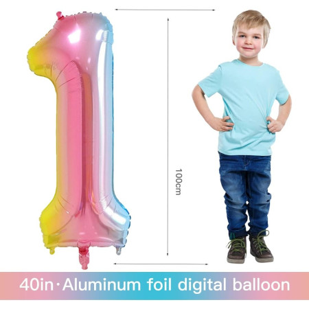 Balon din Folie Metalizata Gradient Flippy, Figurina Cifra, Tema Aniversare 100 cm, Ambalaj Individual, Pai inclus, Umflare cu Aer sau Heliu, Multicolor, Cifra 1