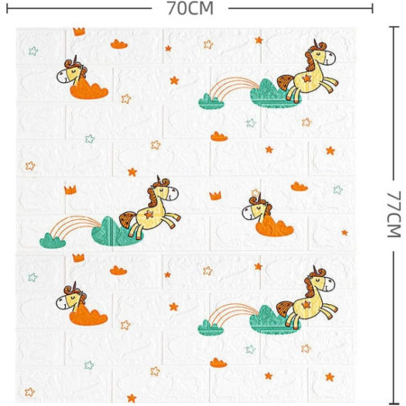 Set 10 Placi Tapet 3D, Flippy, 70 x 77 cm, Grosime 3 mm, din Polietilena, Tip Caramida, Model Unicorni, Suprafata acoperita 5.3 mp, Alb