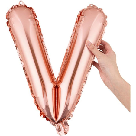 Balon Folie Metalizata Litera V, Flippy, 40 cm, Umflati cu Heliu sau Aer, Ambalaj Individual, Pai inclus, Rose Gold