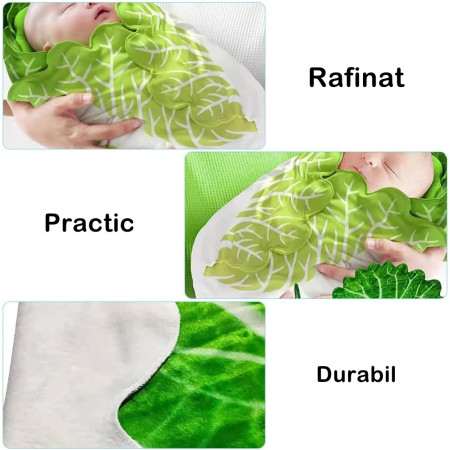 Set patura flanel si caciula Flippy, forma frunza de salata, pentru nou-nascuti, material poliester, 85 cm, verde