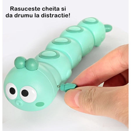 Jucarie mecanica pentru copii Flippy, omida haioasa, cu cheita, distractiva, se taraste, se misca, 15 x 4 cm, verde