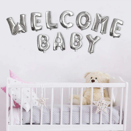 Set Baloane din Folie Metalizata, Flippy, Figurine Litere, Model Welcome Baby, Tema Aniversare, 40 cm, Ambalaj Individual, Pai inclus, Umflare cu Aer sau Heliu, Argintiu