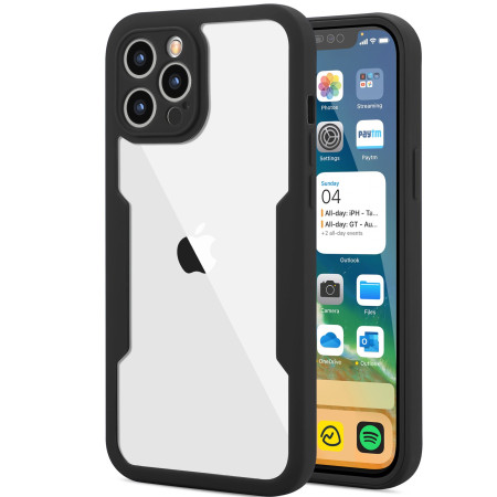 Husa Max Defence pentru iPhone 13 Pro, Bumper Negru, Fata Dubla Transparenta, Protectie Antisoc Full 360 ( fata, spate, margini ), Flippy