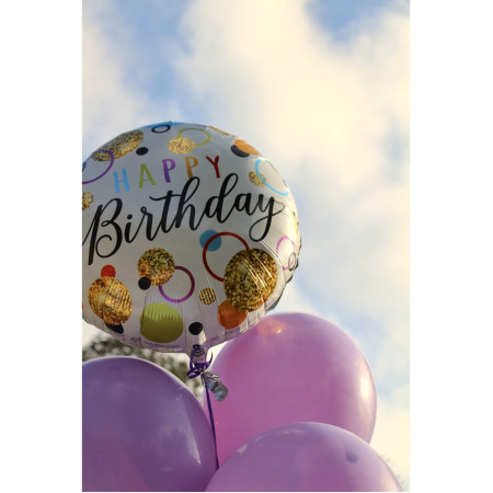 Balon din Folie Metalizata, Flippy, Figurine, Model 6, Happy Birthday, Tematica Aniversare, 45 cm, Ambalaj Individual, Pai Inclus, Umflare cu Aer sau Heliu, Multicolor