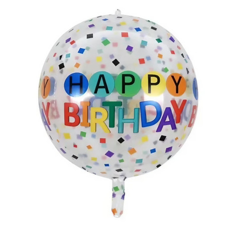 Balon din Folie Metalizata, Flippy, Figurine 4D, Model Happy Birthday, Tematica Aniversara Bombonele, 63x24 cm, Ambalaj Individual, Pai Inclus, Umflare cu Aer sau Heliu, Alb-Multicolor