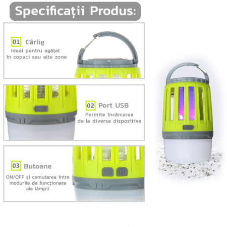 Lampă UV antiinsecte Flippy, anti muste, anti tantari, Conectare la priza prin USB, portabil, 3.7 V, 200 lumeni, 8.5 x 13.3 cm, Verde