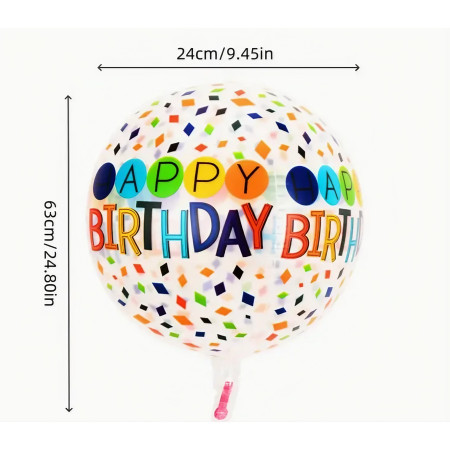 Balon din Folie Metalizata, Flippy, Figurine 4D, Model Happy Birthday, Tematica Aniversara Bombonele, 63x24 cm, Ambalaj Individual, Pai Inclus, Umflare cu Aer sau Heliu, Alb-Multicolor