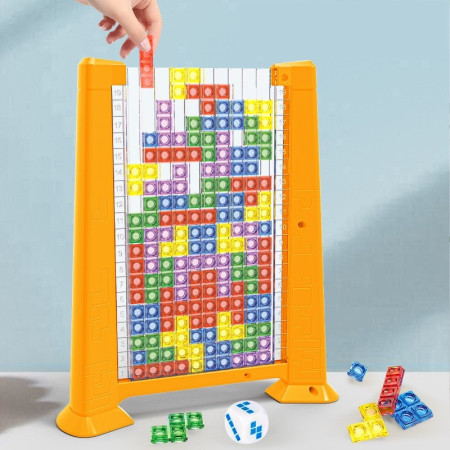 Joc de inteligenta Tetris puzzle tangram Flippy, 70 de piese multicolore, 3D, montessori, interactiv, din plastic, zar inclus, sac depozitare piese, varsta peste 6 ani, 23 x 19.8 x 5 cm, cadru galben