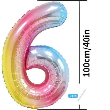 Balon din Folie Metalizata Gradient Flippy, Figurina Cifra, Tema Aniversare 100 cm, Ambalaj Individual, Pai inclus, Umflare cu Aer sau Heliu, Multicolor, Cifra 6