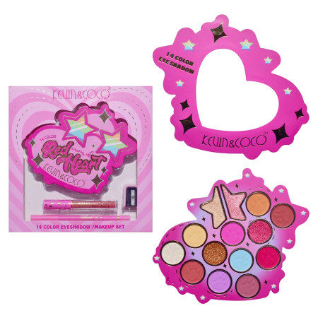 Set Paleta de machiaj cu 14 farduri de pleoape Kevin&Coco, Red Heart Eyeshadow Palette, 21 x 20.5 x 2.2cm