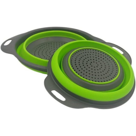 Set 2 strecuratori pliabile din silicon alimentar Flippy, cu manere, fund antiaderent si antialunecare, rotunda, doua dimensiuni, usor de depozitat, compatibil cu masina de spalat vase, verde