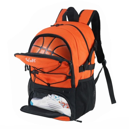 Rucsac de Baschet Multifunctional, Flippy, pentru Calatorie, Sport, Scoala, cu Compartiment pentru Pantofi si Minge, 32 Litri, 45x32x22 cm, Portocaliu-Negru