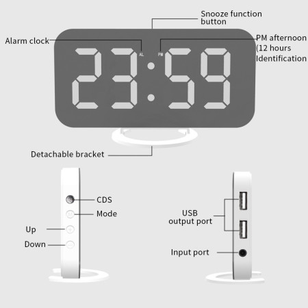 Ceas digital cu LED, Flippy, multifunctional, afisaj digital, alarma, 2 porturi USB de iesire, ecran tip oglinda, modern, 15.8 cm, negru