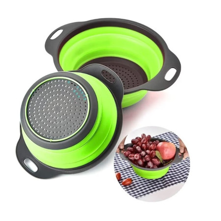 Set 2 strecuratori pliabile din silicon alimentar Flippy, cu manere, fund antiaderent si antialunecare, rotunda, doua dimensiuni, usor de depozitat, compatibil cu masina de spalat vase, verde