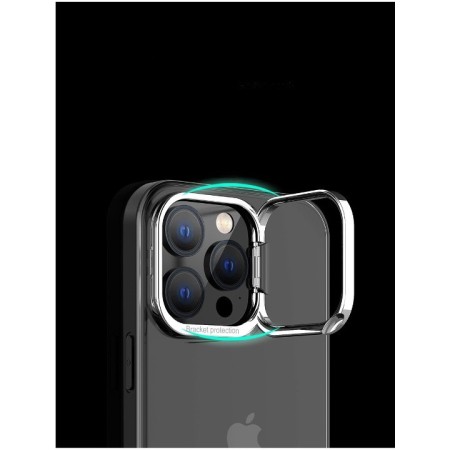 Husa de protectie pentru iPhone 14 Pro, cu suport metalic pentru camera, Bracket Series, Flippy, Protectie Antisoc, PC mat, silicon moale pe margini, Negru