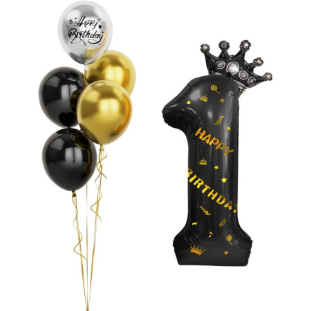 Balon din Folie Metalizata Flippy, Figurina Cifra si Coroana, Scris Happy Birthday, Tema Aniversare 100 cm, Ambalaj Individual, Pai inclus, Umflare cu Aer sau Heliu, Negru, Cifra 1