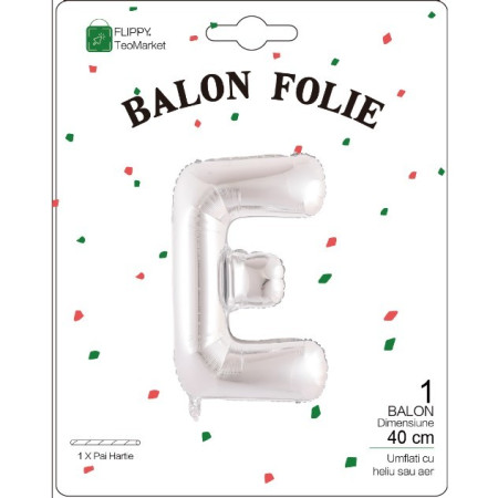 Balon Folie Metalizata Litera E, Flippy, 40 cm, Umflati cu Heliu sau Aer, Ambalaj Individual, Pai inclus, Argintiu