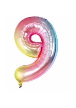 Balon din Folie Metalizata Flippy, Figurina Cifra, Tema Aniversare 40 cm, Ambalaj Individual, Pai inclus, Umflare cu Aer sau Heliu, Multicolor, Cifra 9