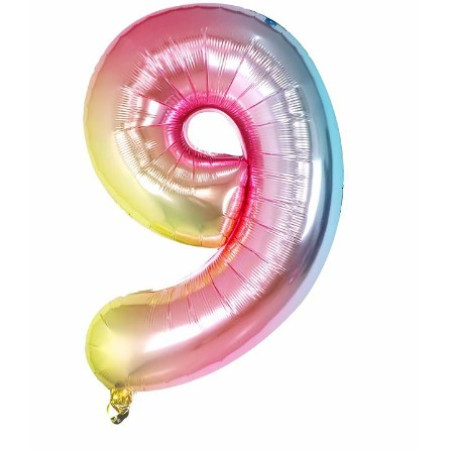 Balon din Folie Metalizata Flippy, Figurina Cifra, Tema Aniversare 40 cm, Ambalaj Individual, Pai inclus, Umflare cu Aer sau Heliu, Multicolor, Cifra 9