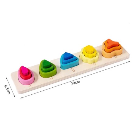 Jucarie Montessori din Lemn, Flippy, Tip Puzzle, cu 5 Forme Asimetrice, 15 Piese, Model Fructe, Educativa, Interactiva, Creativa, Materiale Non Toxice, pentru Copii peste 2 Ani, Baza 29x6.5 cm, Multicolor