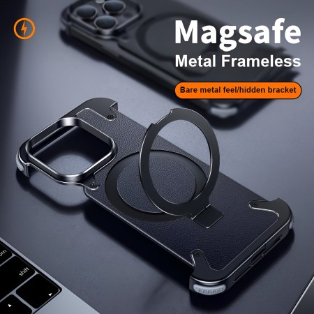 Husa de Protectie Compatibil cu iPhone 15 Pro, Flippy, Incarcare Wireless, Tehnologie Magsafe, Inel Magnetic Rotativ 360 cu Functie de Suport, Rama Metalica, Carcasa din Piele, Negru