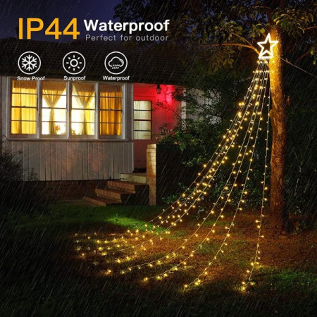 Instalatie luminoasa tip perdea pentru pomul de Craciun, cu stea luminoasa, 350 LED-uri, conectare retea, interior/exterior, lumina calda, Tree Dazzler