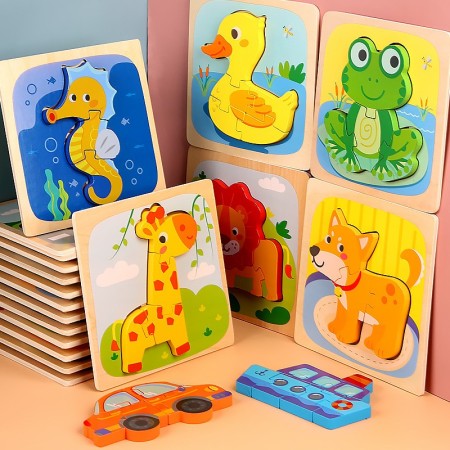 Puzzle Montessori din Lemn pentru Copii, Flippy, 3D, 0-3 Ani, Model Girafa, Educativ, Intuitiv, Creativ, 4 Piese, 15x15x0.5 cm, Multicolor