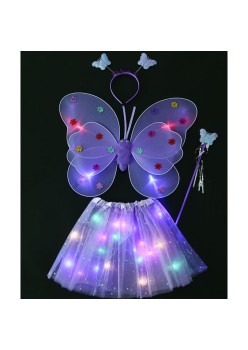 Costum Fluturas cu Aripi Modelabile Luminoase pentru Copii, Flippy, Fusta din Tul cu Lumini, Bagheta si Bentita, 4 piese, Pentru Halloween, Cosplay, Craciun, Carnaval, Paste, Ziua Copilului, Bumbac/Poliester, Marime universala, Mov