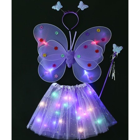 Costum Fluturas cu Aripi Modelabile Luminoase pentru Copii, Flippy, Fusta din Tul cu Lumini, Bagheta si Bentita, 4 piese, Pentru Halloween, Cosplay, Craciun, Carnaval, Paste, Ziua Copilului, Bumbac/Poliester, Marime universala, Mov