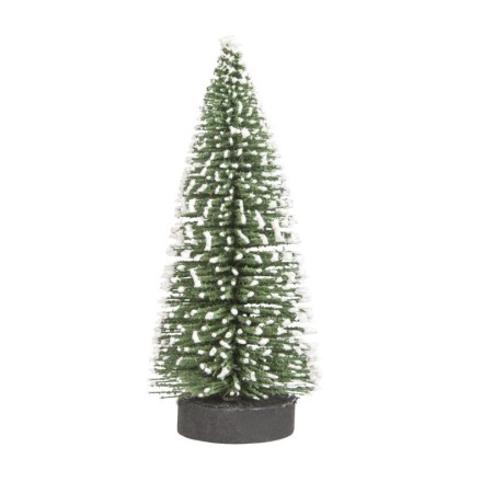 Brad artificial de craciun, ornament pentru masa, pe suport lemn, 15 cm inaltime, Verde inzapezit