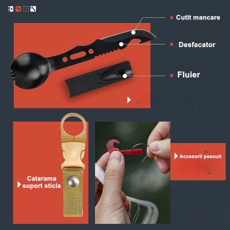 Kit supravietuire multifunctional 13 in 1 Flippy, Instrumente profesionale, agatatoare ghiozdan, pentru Camping, Drumetii, Aventuri in aer liber, borseta inclusa, model cutie, negru