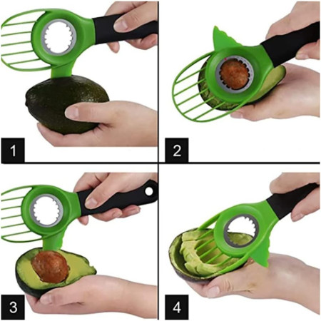 Cutit 3in1 pentru Avocado, Flippy, Cutit, Scoatere Miez si Feliator Pulpa, din PP si Otel Inoxidabil, Negru/Verde