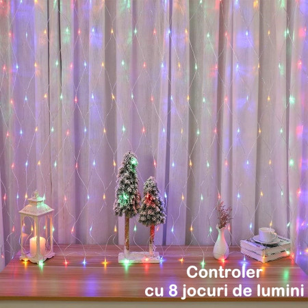 Instalatie Craciun Yoto, Tip Plasa, 1.5 m x 1.5 m, 120 LED-uri, Prelungitor 1.5 m, 8 Jocuri de Lumini, Interconectabila, Fir transparent, Interior/Exterior, Multicolor