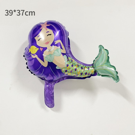 Balon din Folie Metalizata, Flippy, Mini Figurine, Model Sirena cu Par Mov, Tematica Aniversare, 39x37 cm, Ambalaj Individual, Pai Inclus, Umflare cu Aer sau Heliu, Multicolor