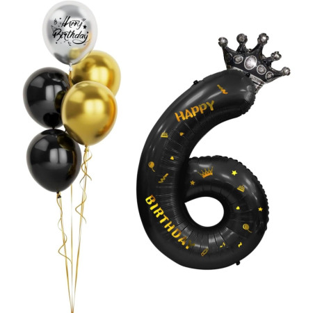 Balon din Folie Metalizata Flippy, Figurina Cifra si Coroana, Scris Happy Birthday, Tema Aniversare 100 cm, Ambalaj Individual, Pai inclus, Umflare cu Aer sau Heliu, Negru, Cifra 6