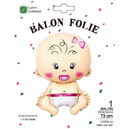 Balon din Folie Metalizata, Flippy, Figurina Fetita, Tema Botez, 73x48 cm,  Ambalaj Individual, Pai Inclus, Umflare cu Aer sau Heliu, Roz