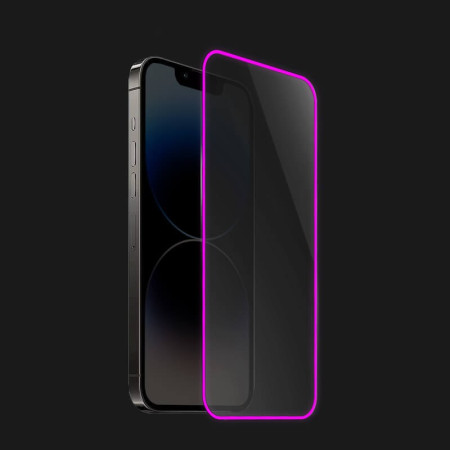 Folie de Sticla Securizata pentru Apple iPhone 15 Pro Max, Flippy, Luminous, Margine Fosforescenta Neon din Silicon, Mat, Anti-Amprenta, Protectie Completa, 9H, Violet