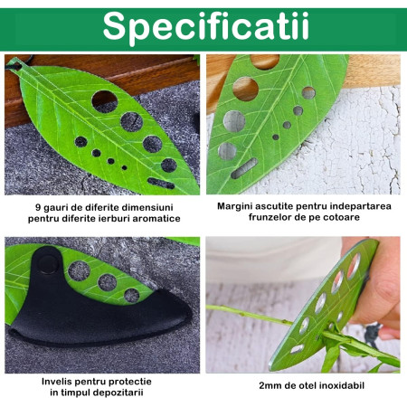 Tocator manual pentru ierburi Flippy, instrument de curatat frunze, tocator, margini ascutie, 9 gauri de diferite dimensiuni, multifunctional, material otel inoxidabil, rezistent la rugina, 14 x 5.5 cm, verde