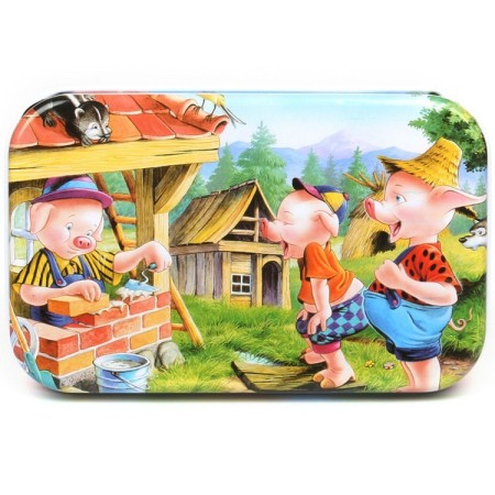 Puzzle 60 de Piese din Lemn in Cutie Metalica, Flippy, Model Cei Trei Purcelusi, Educativ, Dezvoltare Abilitati Cognitive, pentru Prescolari, 22.5x13.5 cm, Multicolor