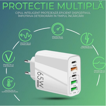 Incarcator Retea, Flippy, 5 Porturi, 65W Fast Charge, 3 x USB, 2 x Type-C, Universal Compatibil iPhone, Huawei, Samsung, Xiaomi, Alb