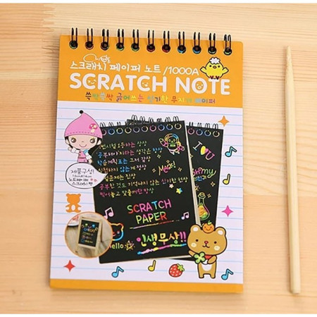 Caiet cu fise razuibile Flippy, DIY Magic Scratch, 12 File, Curcubeu, Creion din Lemn, Cartonase negre, 14.5 x 10 cm, portocaliu