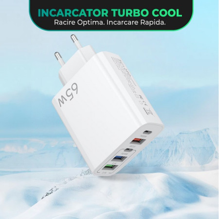 Incarcator Retea, Flippy, 5 Porturi, 65W Fast Charge, 3 x USB, 2 x Type-C, Universal Compatibil iPhone, Huawei, Samsung, Xiaomi, Alb