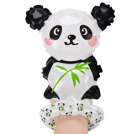 Balon din Folie Metalizata, Flippy, Figurine Animalute, Tip Bratara, Model Panda, 13 x 35 cm, Ambalaj Individual, Pai Inclus, Umflare cu Aer sau Heliu, Alb/Negru