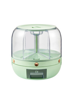 Dozator de cereale Flippy, rotativ 360, 6 compartimente, capacitate 6 L, rezistent la umezeala, inchidere etansa, verde deschis